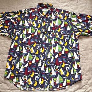 Vintage Izod Shirt Men's XL Blue Sailboat Nautical Cotton Short Sleeve Button-Up
